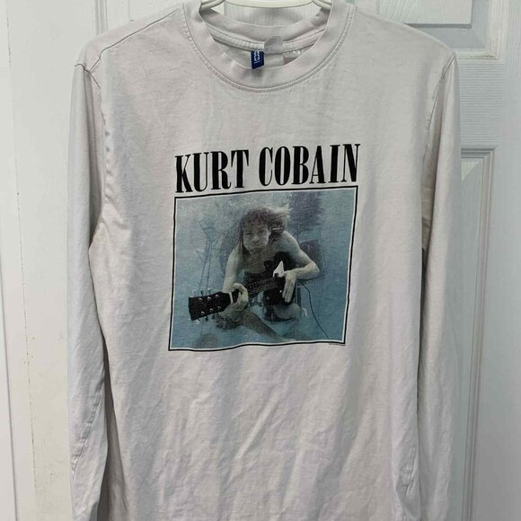 Nirvana Kurt Cobain Graphic Long-sleeved T-shirt - White - Sz.M - Picture 1 of 2
